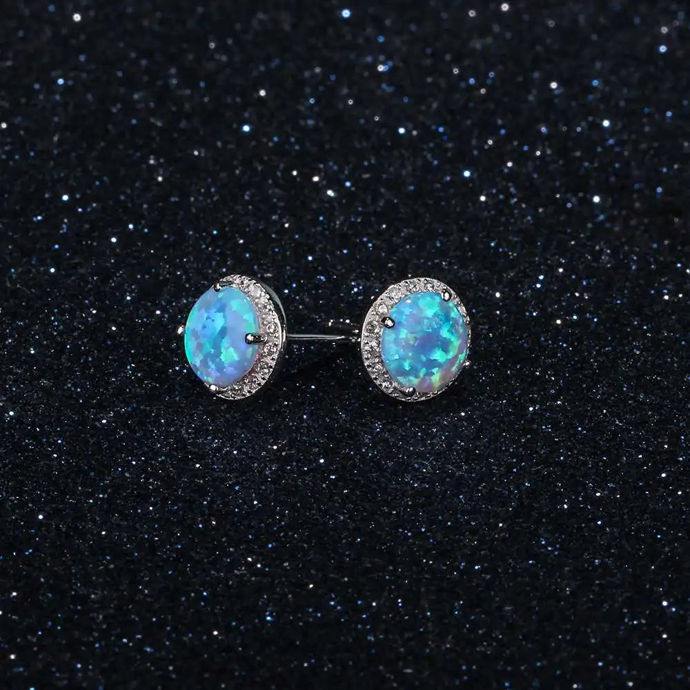 10mm Blue Opal Stone 925 Sterling Silver Stud Earrings Ocean Style Fashion Earrings for Women Gift for Her (Jewelora EA102018)