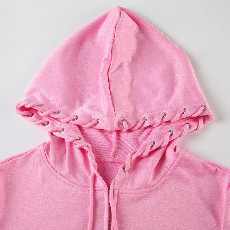 BIIKPIIK Drawstring Hooded Hoodie Suits Autumn Winter Solid Zipper Women Casual Pants Set Street Sporty Sweatshirt Two Piece Set