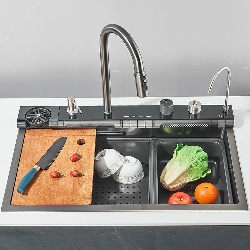 304 Stainless Steel Kitchen Waterfall Sink Digital Display Large Single Sink Dish Basin Sink With Multifunction Touch Waterfall