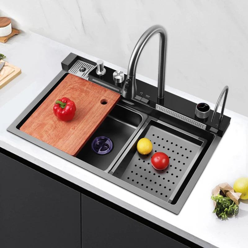 304 Stainless Steel Kitchen Waterfall Sink Digital Display Large Single Sink Dish Basin Sink With Multifunction Touch Waterfall