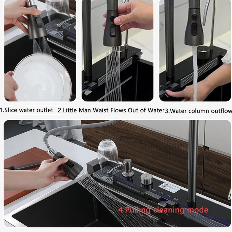 304 Stainless Steel Kitchen Waterfall Sink Digital Display Large Single Sink Dish Basin Sink With Multifunction Touch Waterfall
