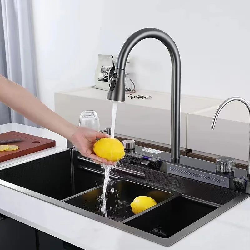 304 Stainless Steel Kitchen Waterfall Sink Digital Display Large Single Sink Dish Basin Sink With Multifunction Touch Waterfall