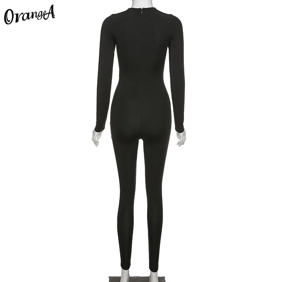 Weird Puss Fitness Skinny Jumpsuit Women O-Neck Full Sleeve Elastic Hight Zipper Sportswear Casual Rompers Streetwear Outfits