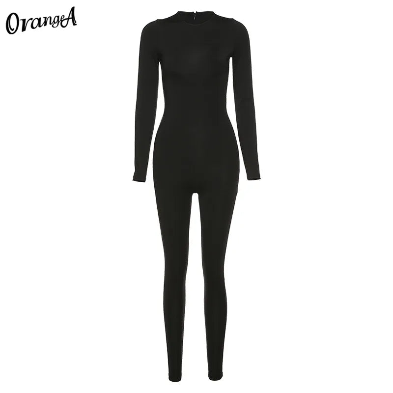 Weird Puss Fitness Skinny Jumpsuit Women O-Neck Full Sleeve Elastic Hight Zipper Sportswear Casual Rompers Streetwear Outfits