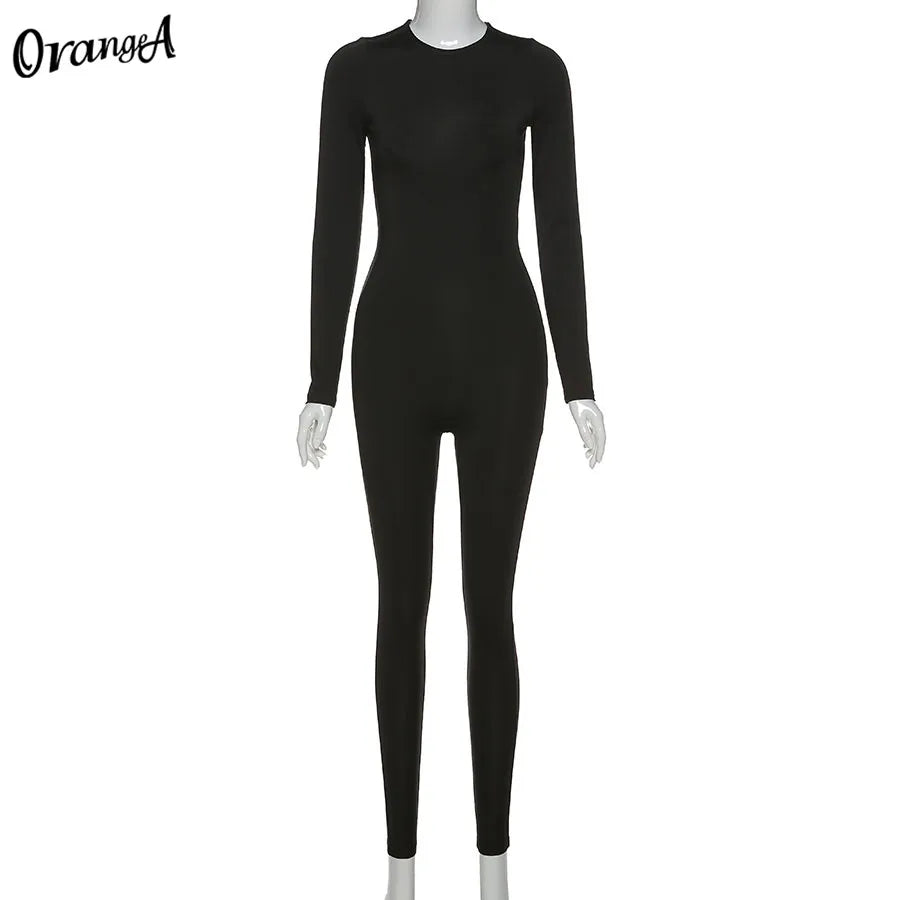 Weird Puss Fitness Skinny Jumpsuit Women O-Neck Full Sleeve Elastic Hight Zipper Sportswear Casual Rompers Streetwear Outfits