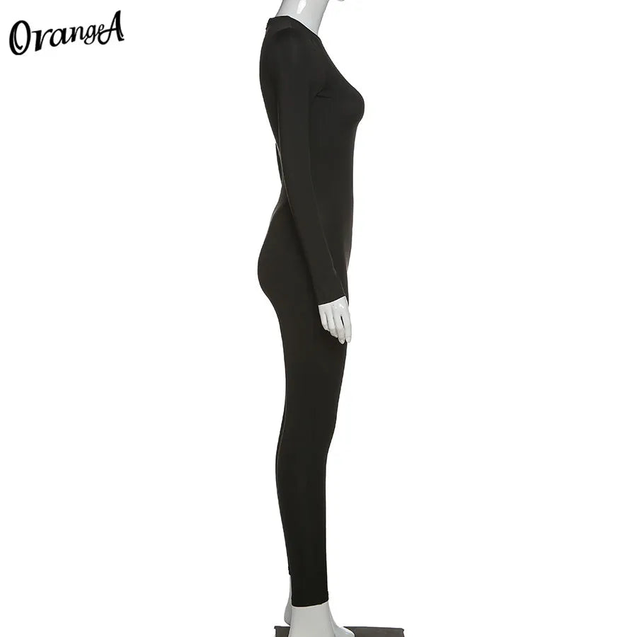 Weird Puss Fitness Skinny Jumpsuit Women O-Neck Full Sleeve Elastic Hight Zipper Sportswear Casual Rompers Streetwear Outfits