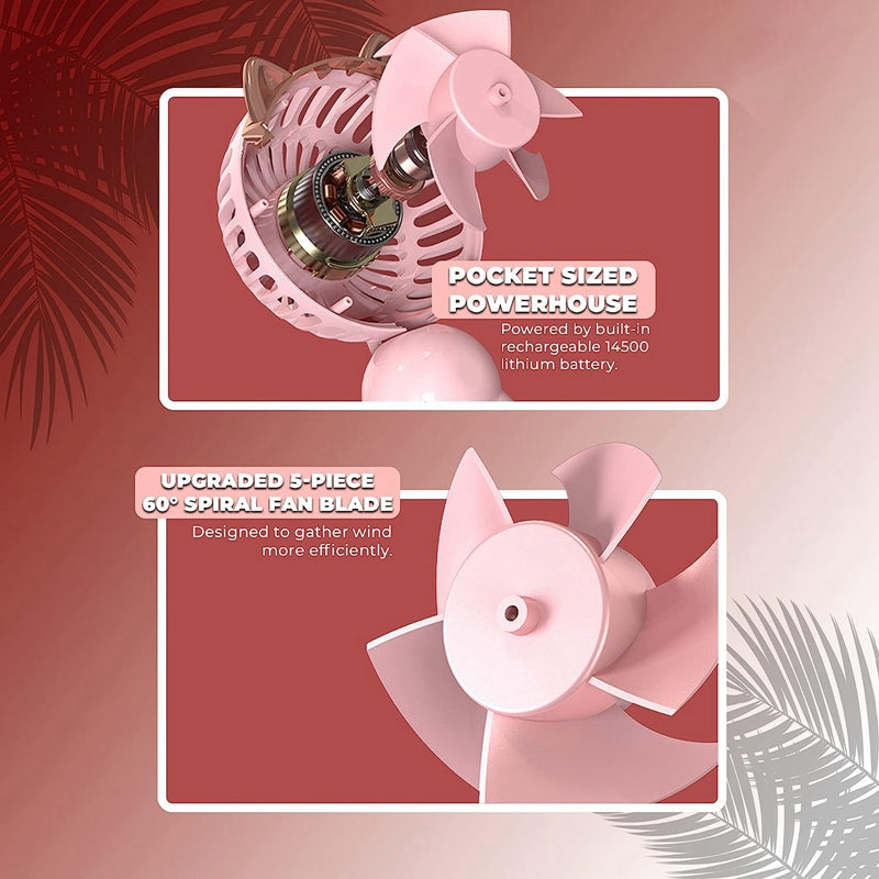Portable Hand Held Fan with Cat Ears - Mini Fan with USB Rechargeable Battery Foldable Small Fan (Pink)