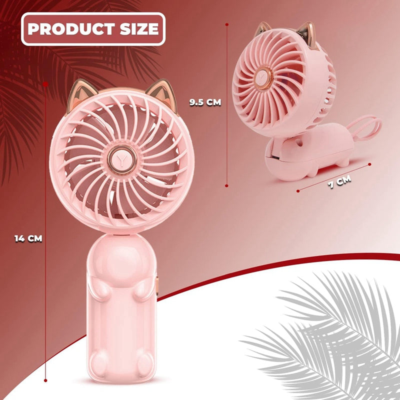 Portable Hand Held Fan with Cat Ears - Mini Fan with USB Rechargeable Battery Foldable Small Fan (Pink)