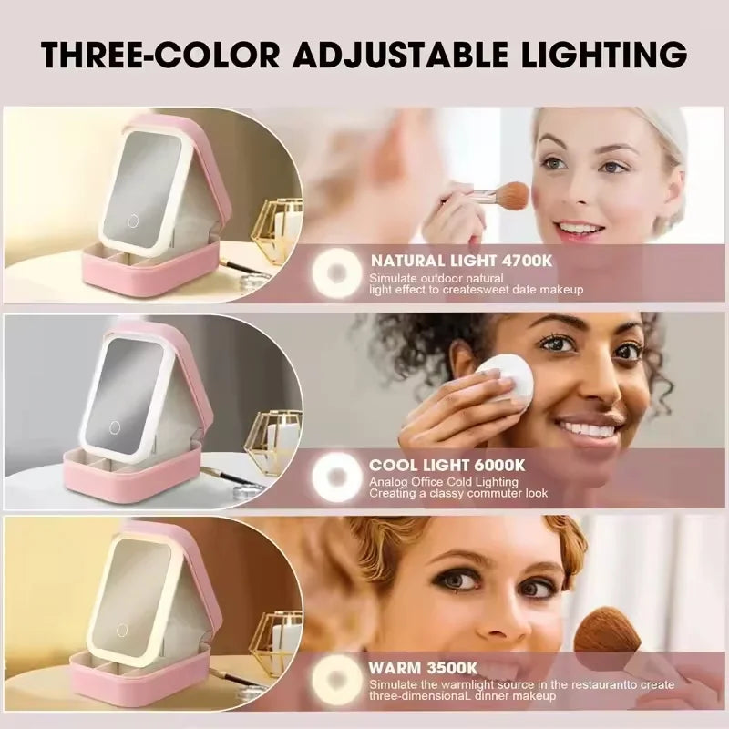 Rechargeable LED Makeup Mirror, Portable Travel Cosmetic Storage Box, Travel Makeup Case with 3-Color Adjustable Light Mirror.