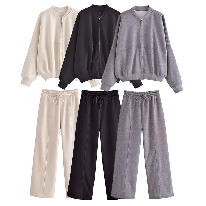TRAFZA 2023 Women Sets Casual Solid Bomber Jackets Long Sleeve Zipper Sweatshirt Coat + Elastic Waist Pant Elegant Solid Suit