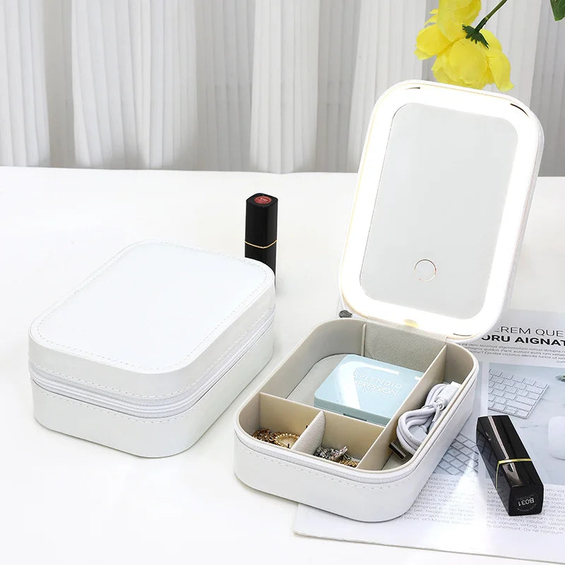 LED Mirror Makeup Brushes Storage Box Portable Travel Makeup Case Cosmetic Bag Three-Color Adjustable Makeup Tools Storage Box