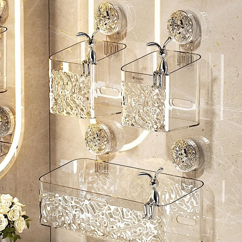 Plastic Shower Suction Cup Shelf Glacier Pattern Transparent Wall Storage Rack Punch Free Draining Basket Holder Bathroom