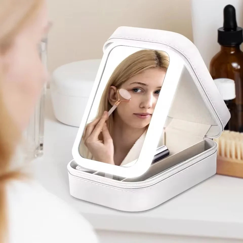 Rechargeable LED Makeup Mirror, Portable Travel Cosmetic Storage Box, Travel Makeup Case with 3-Color Adjustable Light Mirror.