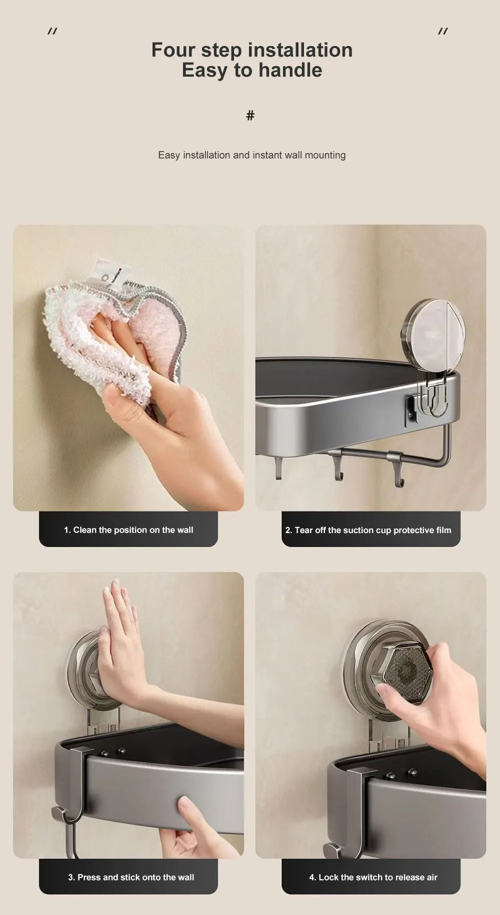 Bathroom Shelf With Suction Cup Aluminum Corner Shelf Without Drilling Wall-Mounted Gray Bathroom Organizer Bathroom Accessories