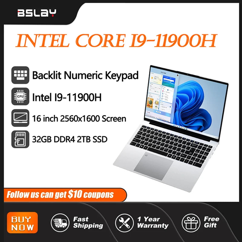 Laptop 16 Inch Intel Core I9-11900H 32 GB DDR4 2TB SSD Fingerprint Unlock 8 Cores 16 Threads 4.9 GHz Wifi6 HD Camera Computer