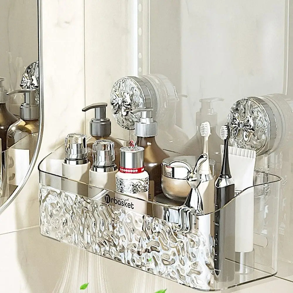 Plastic Shower Suction Cup Shelf Glacier Pattern Transparent Wall Storage Rack Punch Free Draining Basket Holder Bathroom