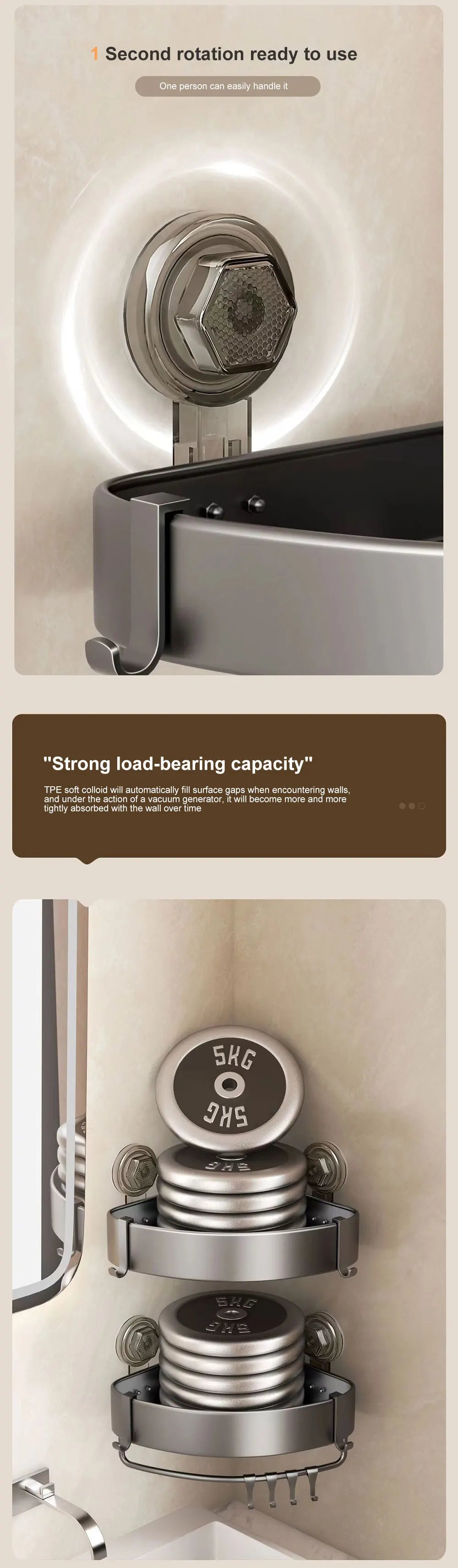 Bathroom Shelf With Suction Cup Aluminum Corner Shelf Without Drilling Wall-Mounted Gray Bathroom Organizer Bathroom Accessories