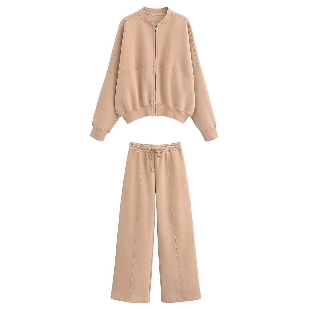 TRAFZA 2023 Women Sets Casual Solid Bomber Jackets Long Sleeve Zipper Sweatshirt Coat + Elastic Waist Pant Elegant Solid Suit