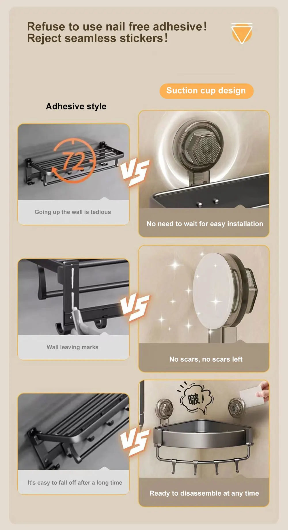 Bathroom Shelf With Suction Cup Aluminum Corner Shelf Without Drilling Wall-Mounted Gray Bathroom Organizer Bathroom Accessories