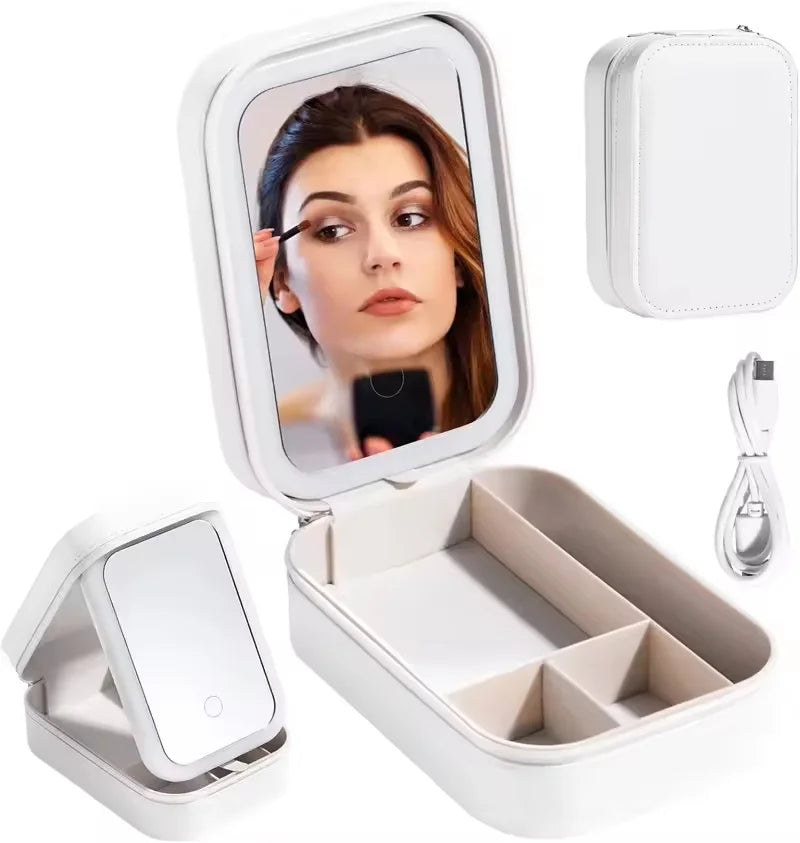 Rechargeable LED Makeup Mirror, Portable Travel Cosmetic Storage Box, Travel Makeup Case with 3-Color Adjustable Light Mirror.