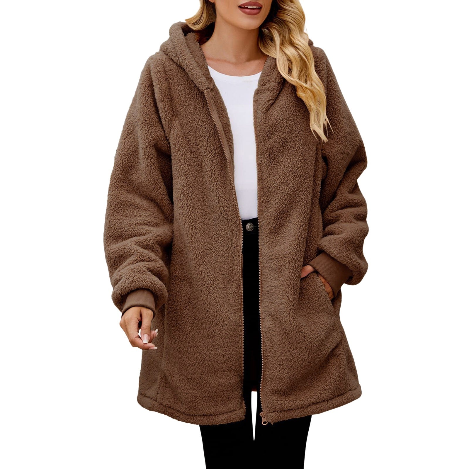 Women's Oversized Plush Jacket Solid Color Zippers Hooded Streetwear Cardigan Autumn And Winter Fleece Outerwear Chaquetas