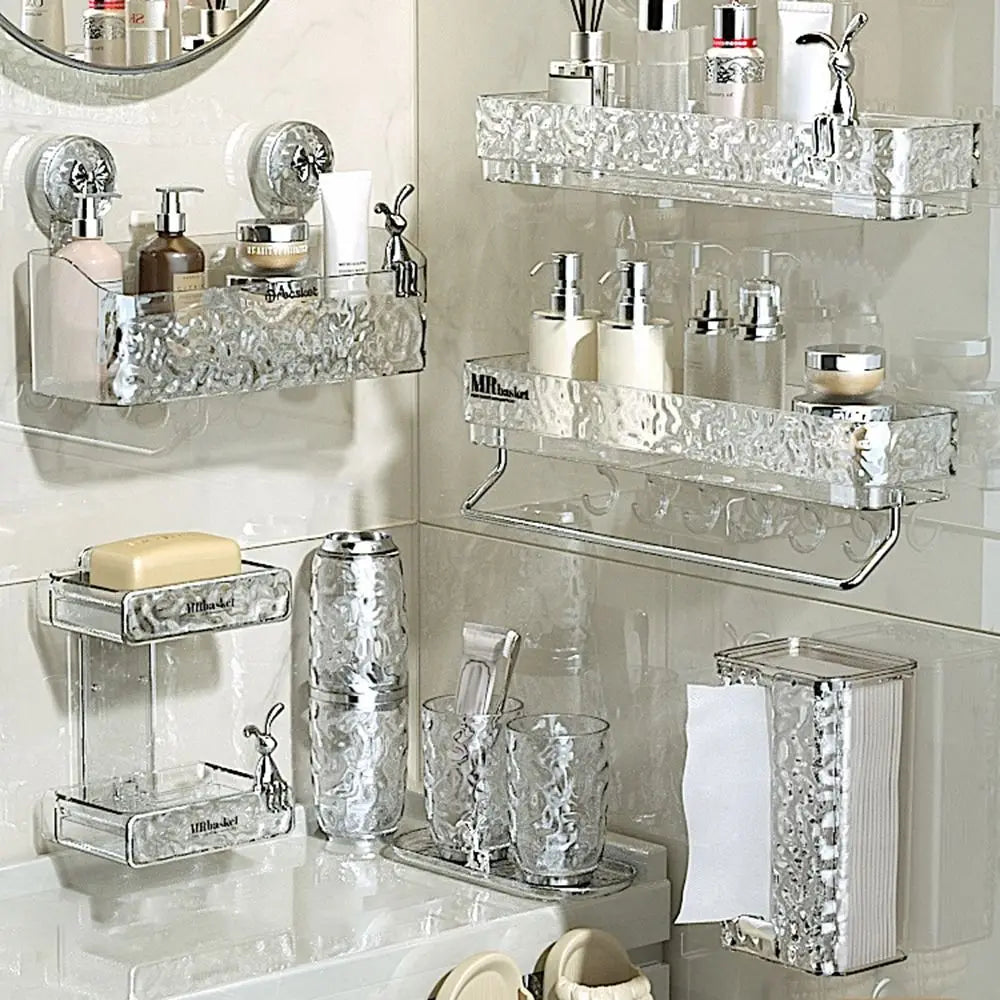 Plastic Shower Suction Cup Shelf Glacier Pattern Transparent Wall Storage Rack Punch Free Draining Basket Holder Bathroom
