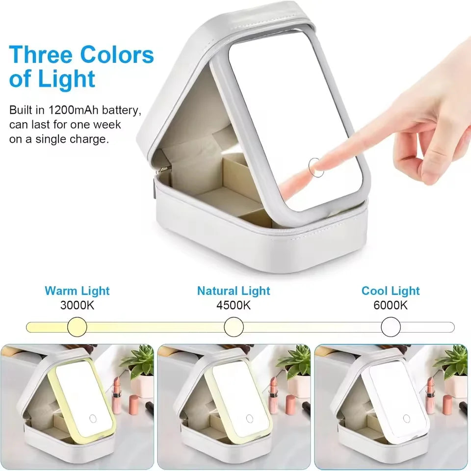 Rechargeable LED Makeup Mirror, Portable Travel Cosmetic Storage Box, Travel Makeup Case with 3-Color Adjustable Light Mirror.