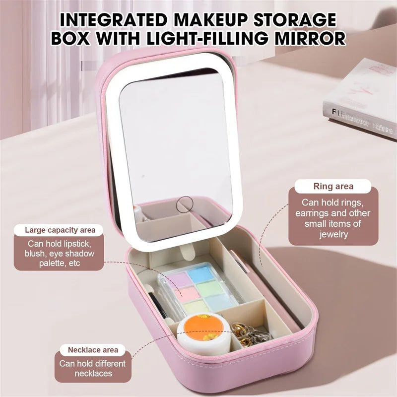 LED Mirror Makeup Brushes Storage Box Portable Travel Makeup Case Cosmetic Bag Three-Color Adjustable Makeup Tools Storage Box
