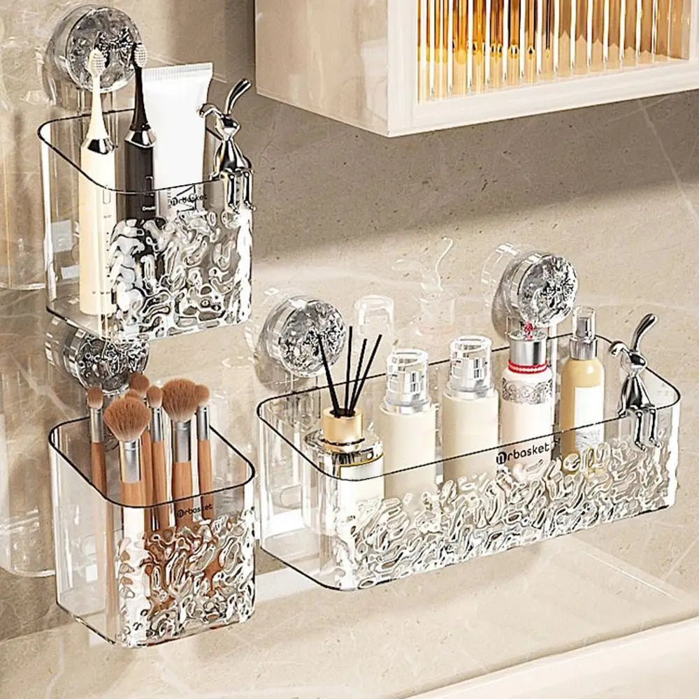 Plastic Shower Suction Cup Shelf Glacier Pattern Transparent Wall Storage Rack Punch Free Draining Basket Holder Bathroom