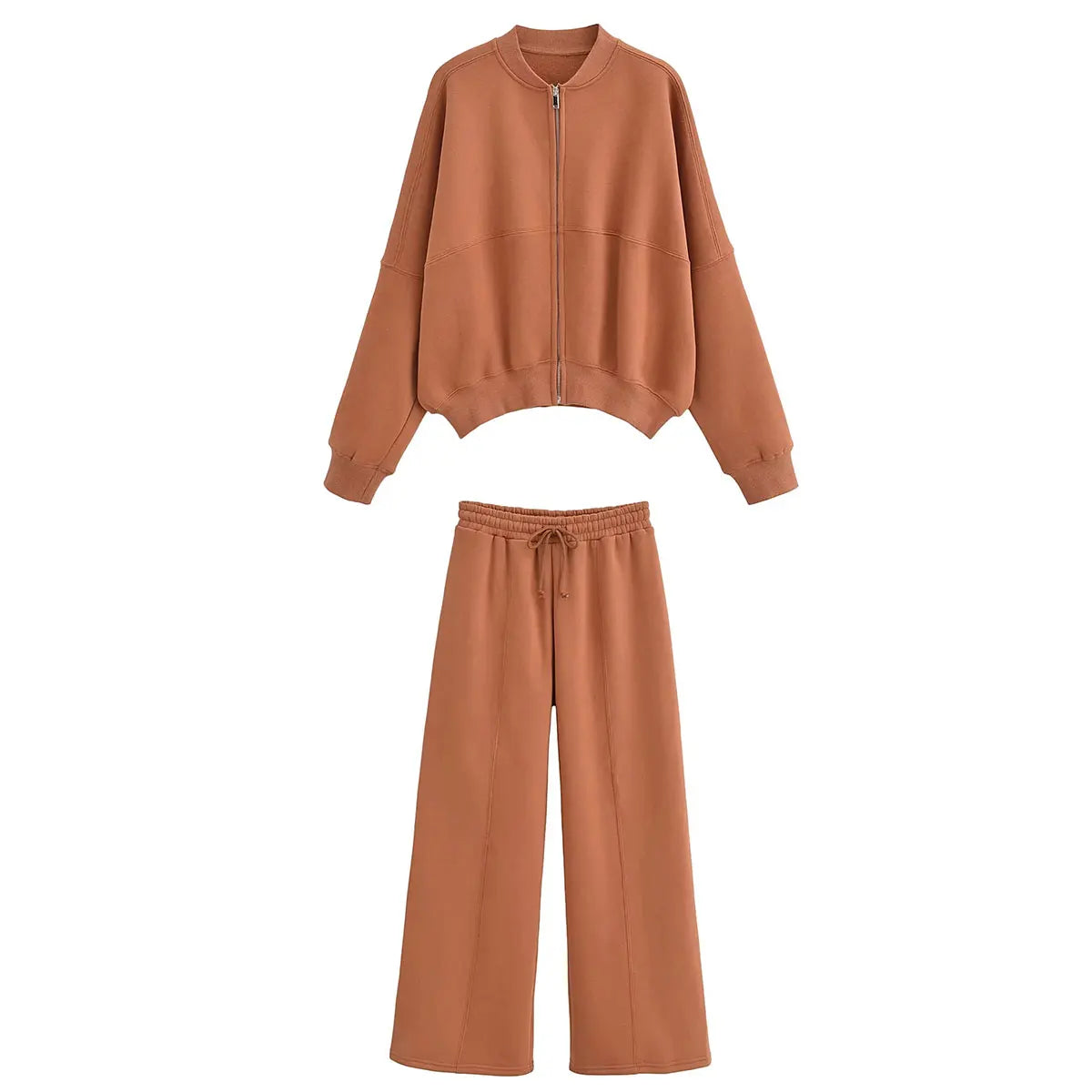 TRAFZA 2023 Women Sets Casual Solid Bomber Jackets Long Sleeve Zipper Sweatshirt Coat + Elastic Waist Pant Elegant Solid Suit