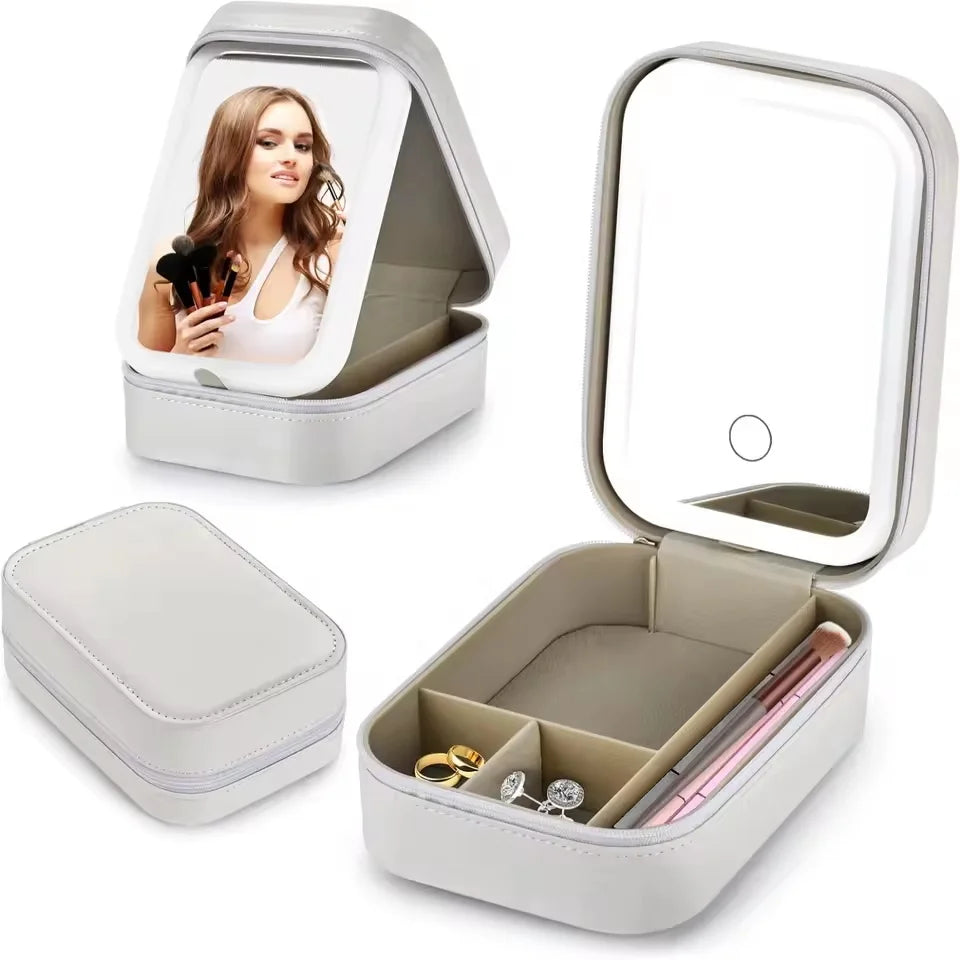 Rechargeable LED Makeup Mirror, Portable Travel Cosmetic Storage Box, Travel Makeup Case with 3-Color Adjustable Light Mirror.