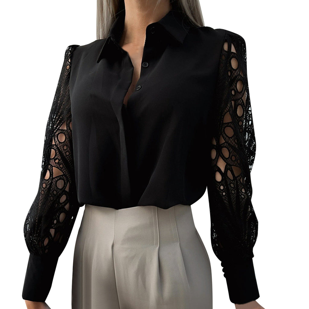 Black OL Blouse Women 2023 New Elegant Lace Hollow Out  Vintage Button Up Shirts Top Long Sleeve Mesh Design Tops Femme Shirts