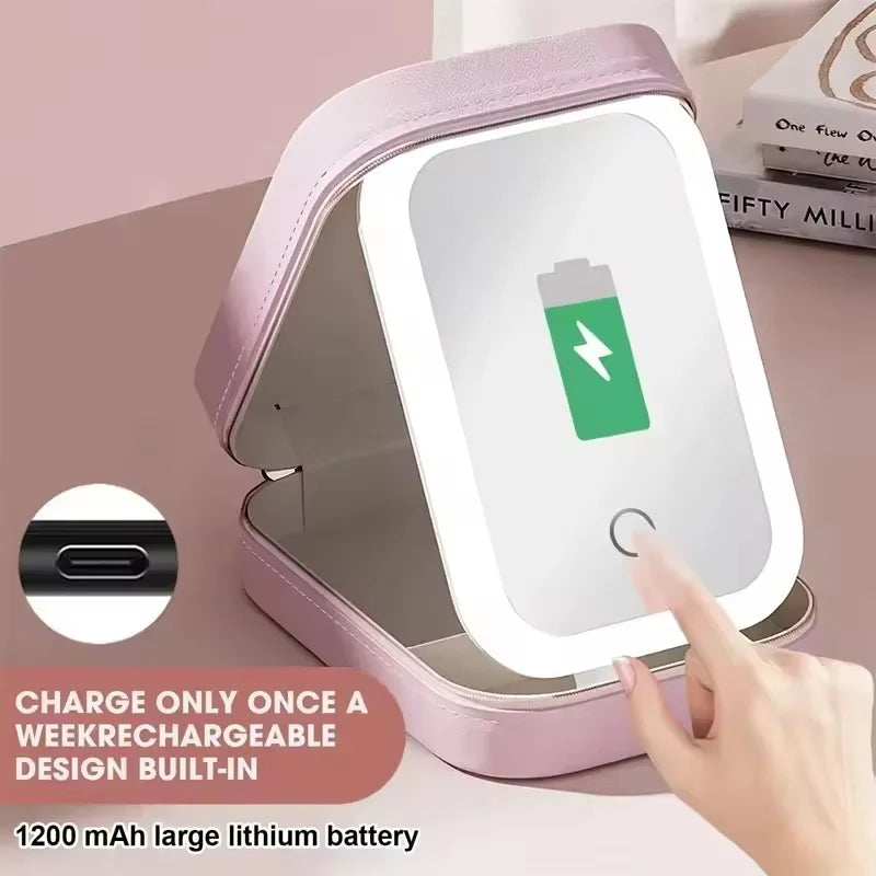 Rechargeable LED Makeup Mirror, Portable Travel Cosmetic Storage Box, Travel Makeup Case with 3-Color Adjustable Light Mirror.
