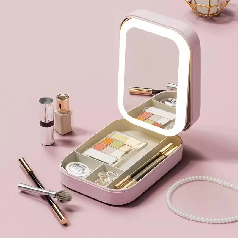 Rechargeable LED Makeup Mirror, Portable Travel Cosmetic Storage Box, Travel Makeup Case with 3-Color Adjustable Light Mirror.