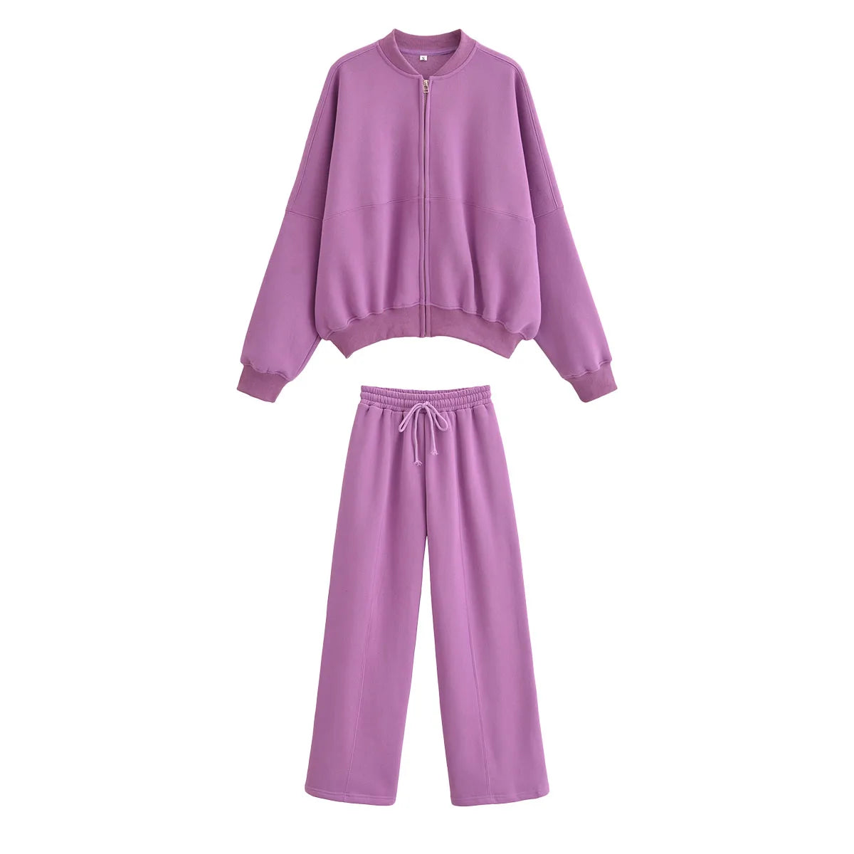 TRAFZA 2023 Women Sets Casual Solid Bomber Jackets Long Sleeve Zipper Sweatshirt Coat + Elastic Waist Pant Elegant Solid Suit