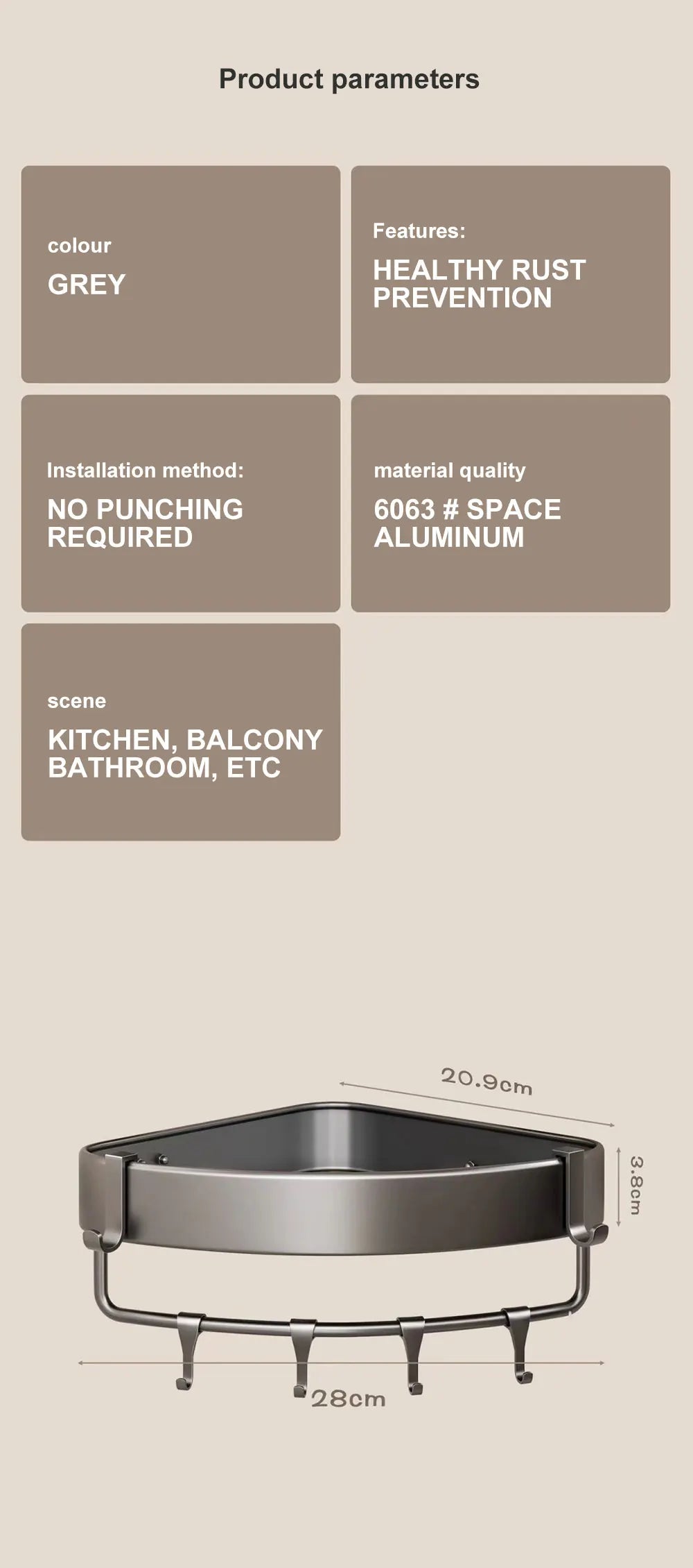 Bathroom Shelf With Suction Cup Aluminum Corner Shelf Without Drilling Wall-Mounted Gray Bathroom Organizer Bathroom Accessories