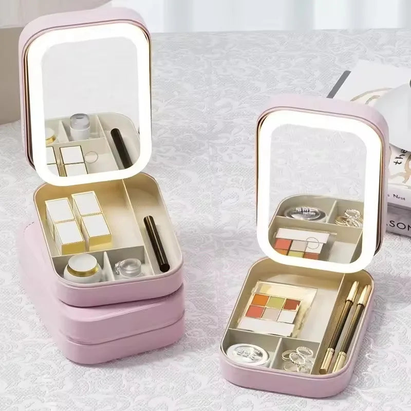 Rechargeable LED Makeup Mirror, Portable Travel Cosmetic Storage Box, Travel Makeup Case with 3-Color Adjustable Light Mirror.