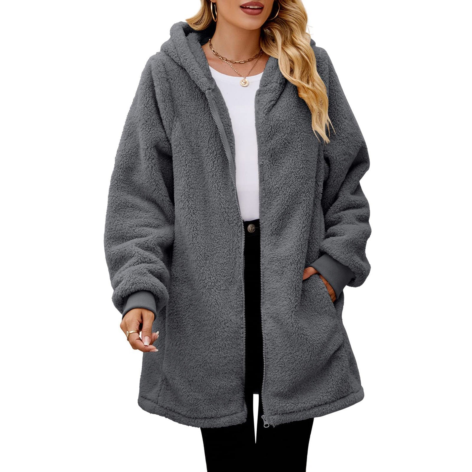 Women's Oversized Plush Jacket Solid Color Zippers Hooded Streetwear Cardigan Autumn And Winter Fleece Outerwear Chaquetas