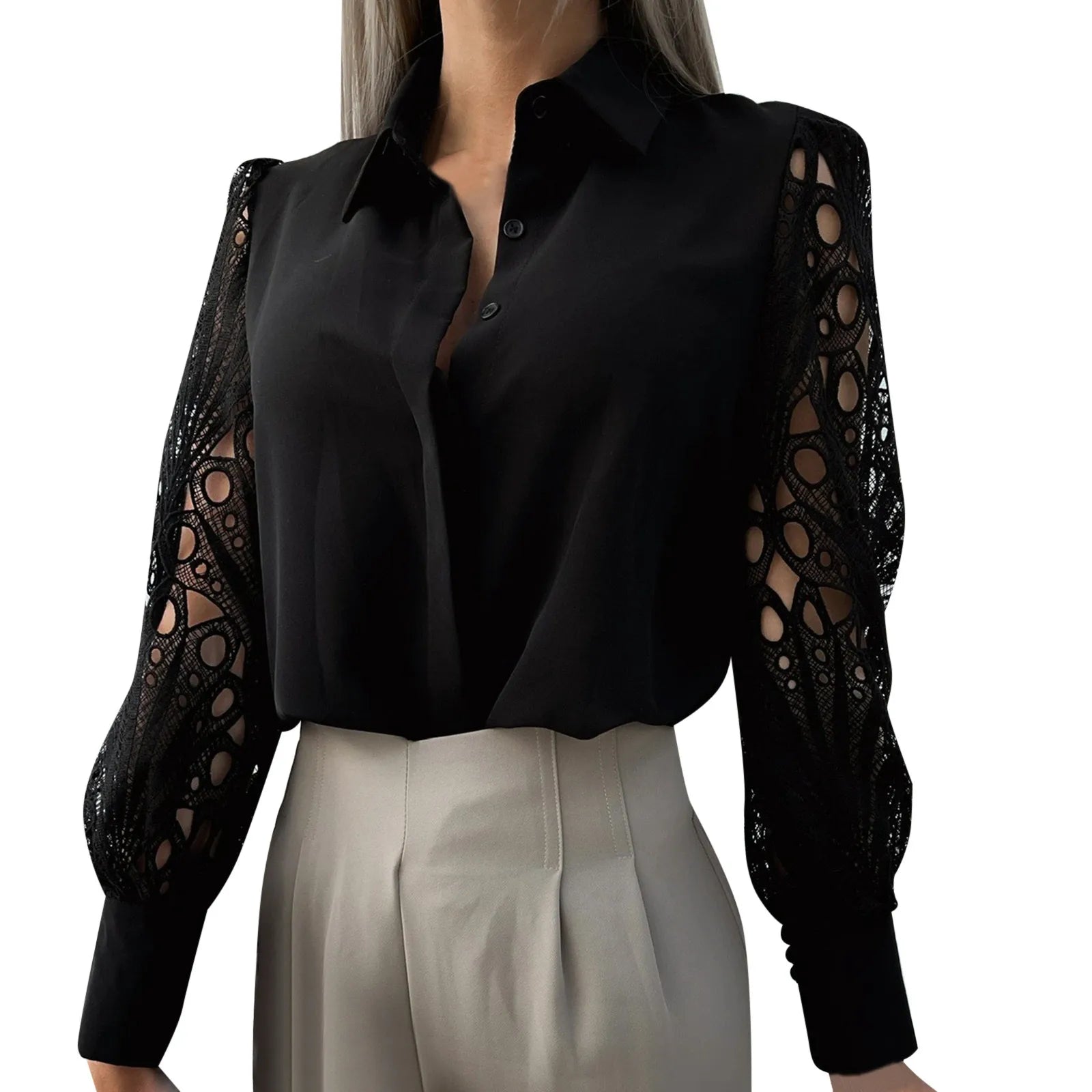 Black OL Blouse Women 2023 New Elegant Lace Hollow Out  Vintage Button Up Shirts Top Long Sleeve Mesh Design Tops Femme Shirts