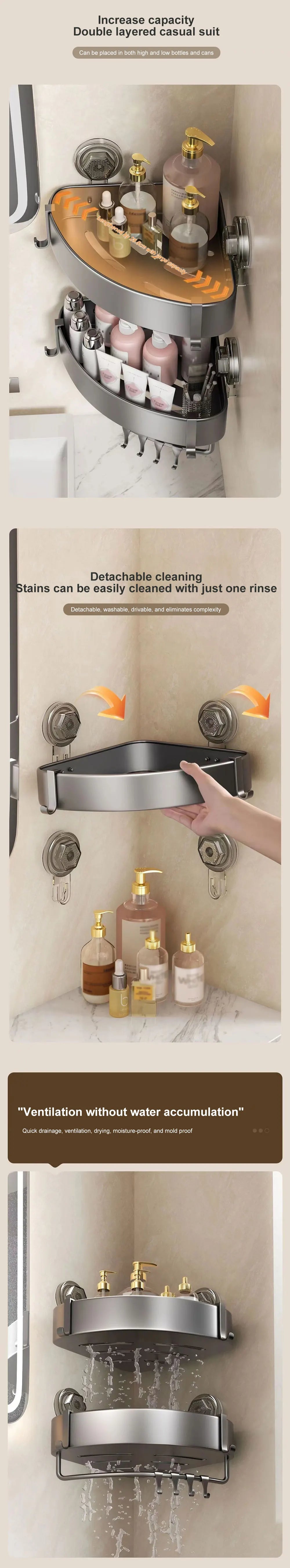 Bathroom Shelf With Suction Cup Aluminum Corner Shelf Without Drilling Wall-Mounted Gray Bathroom Organizer Bathroom Accessories