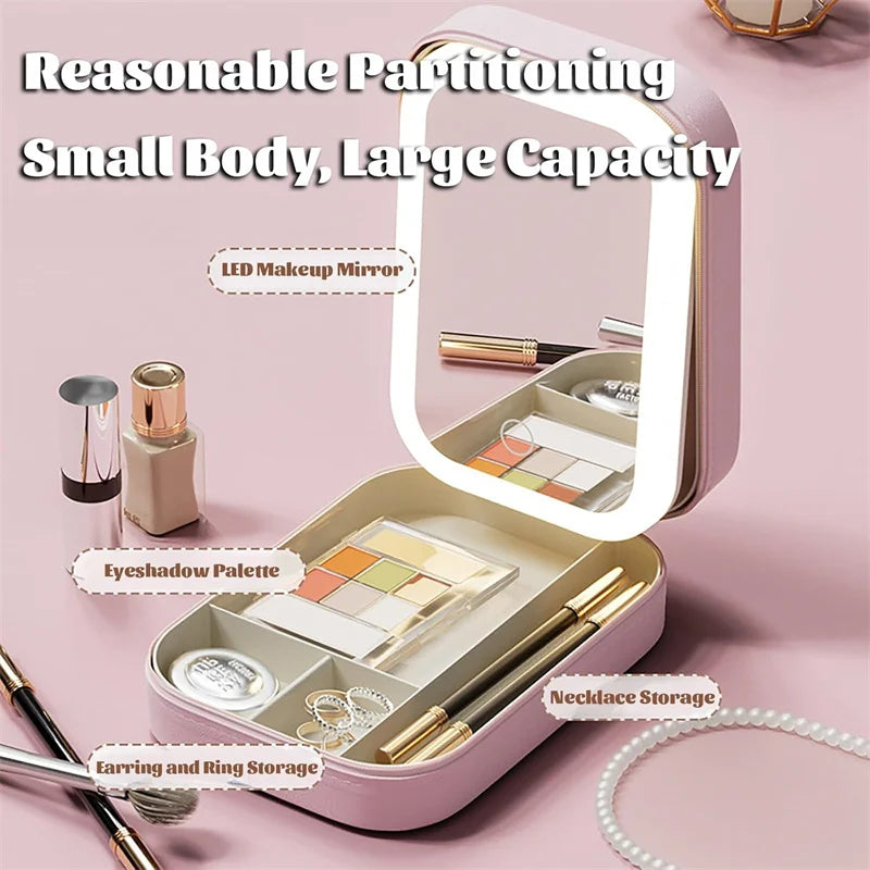 LED Mirror Makeup Brushes Storage Box Portable Travel Makeup Case Cosmetic Bag Three-Color Adjustable Makeup Tools Storage Box