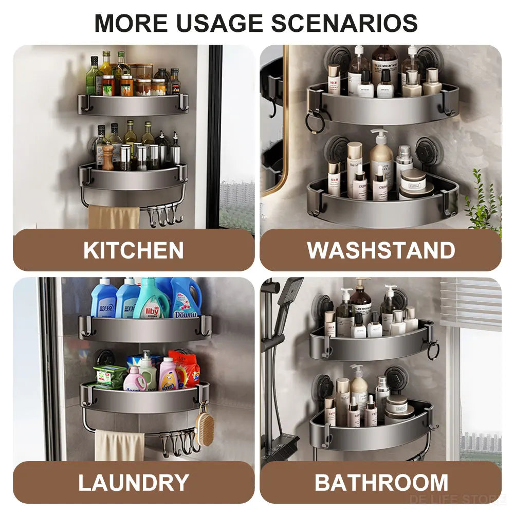 Bathroom Shelf With Suction Cup Aluminum Corner Shelf Without Drilling Wall-Mounted Gray Bathroom Organizer Bathroom Accessories