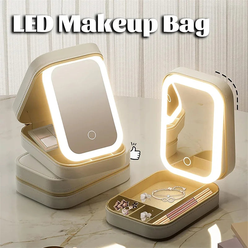 LED Mirror Makeup Brushes Storage Box Portable Travel Makeup Case Cosmetic Bag Three-Color Adjustable Makeup Tools Storage Box