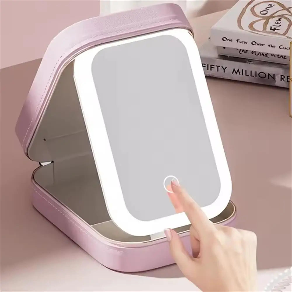 Rechargeable LED Makeup Mirror, Portable Travel Cosmetic Storage Box, Travel Makeup Case with 3-Color Adjustable Light Mirror.