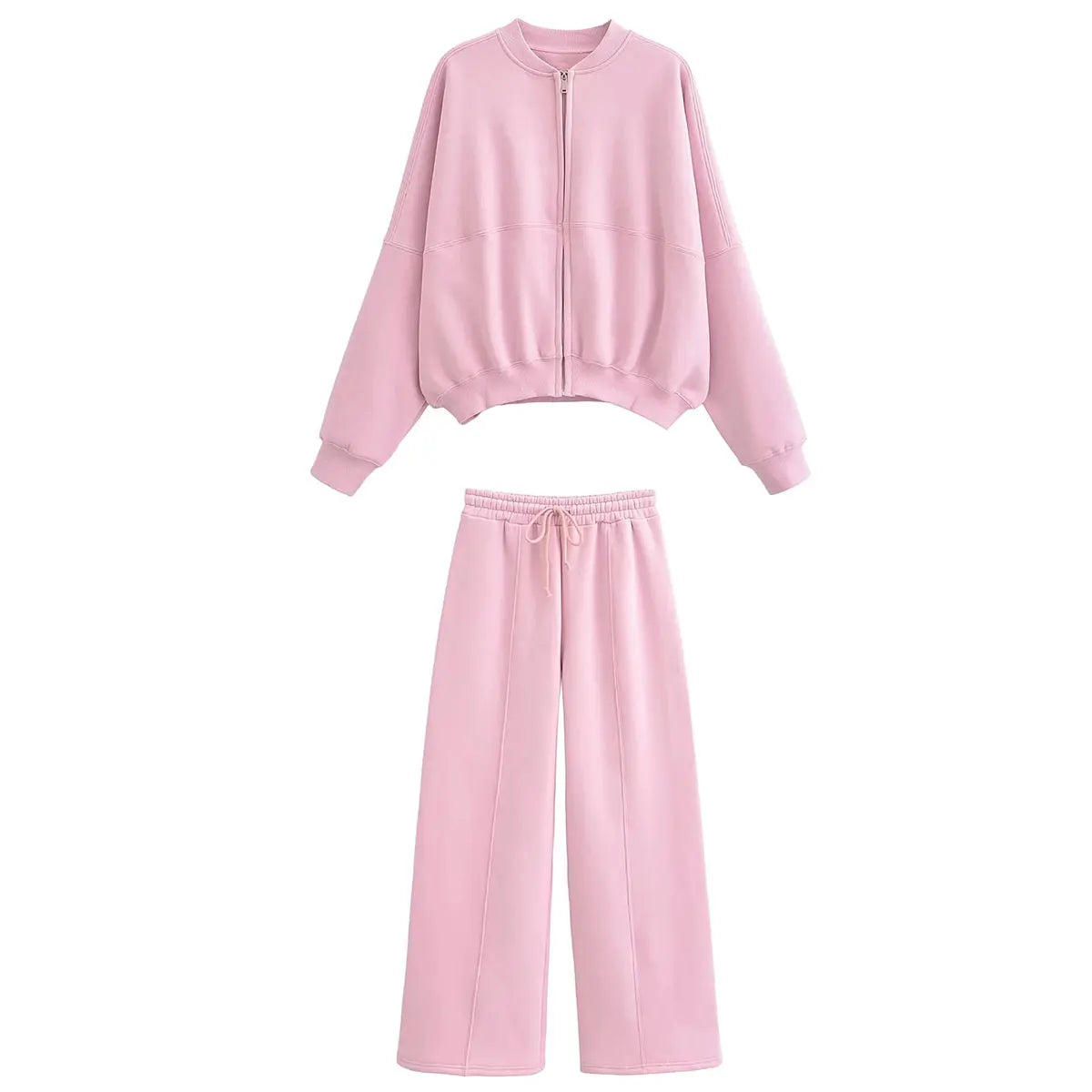 TRAFZA 2023 Women Sets Casual Solid Bomber Jackets Long Sleeve Zipper Sweatshirt Coat + Elastic Waist Pant Elegant Solid Suit