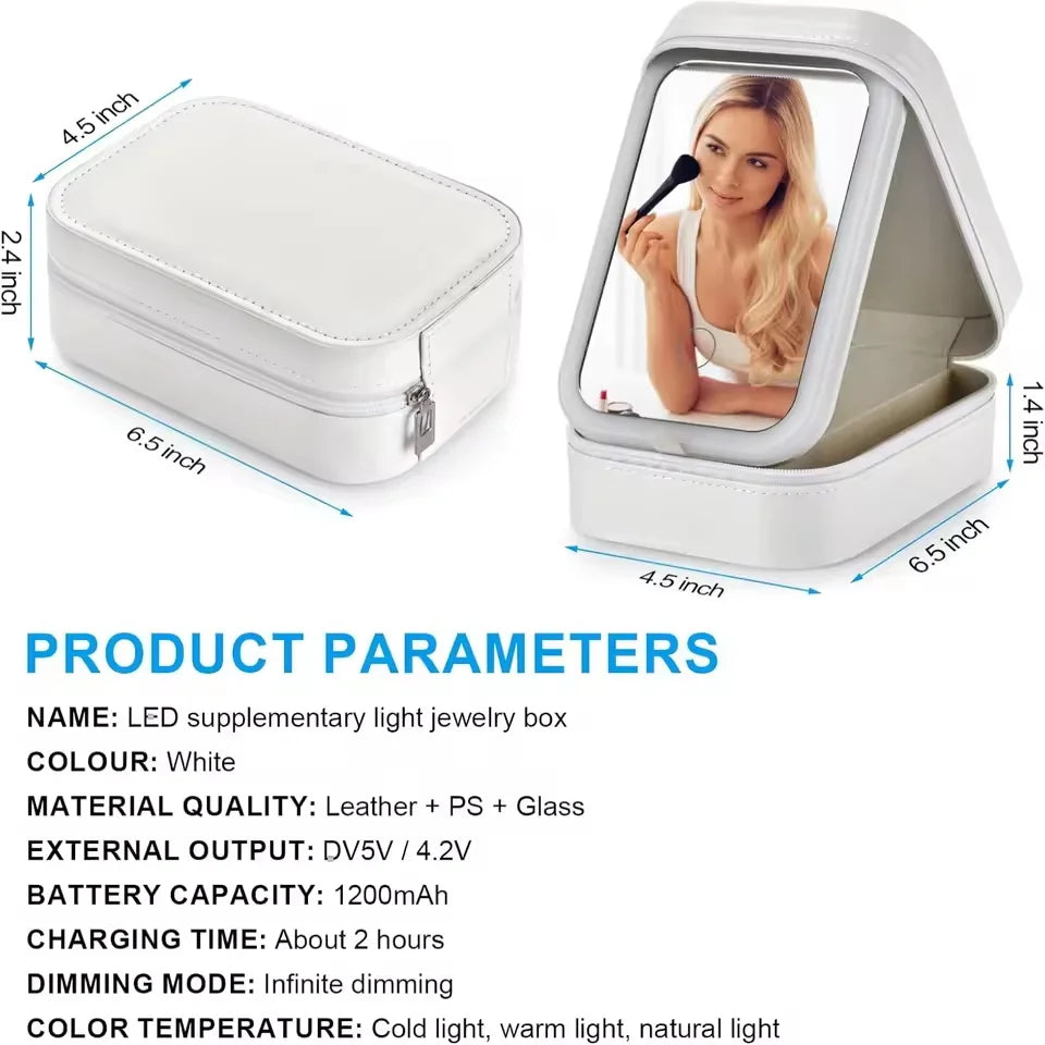 Rechargeable LED Makeup Mirror, Portable Travel Cosmetic Storage Box, Travel Makeup Case with 3-Color Adjustable Light Mirror.