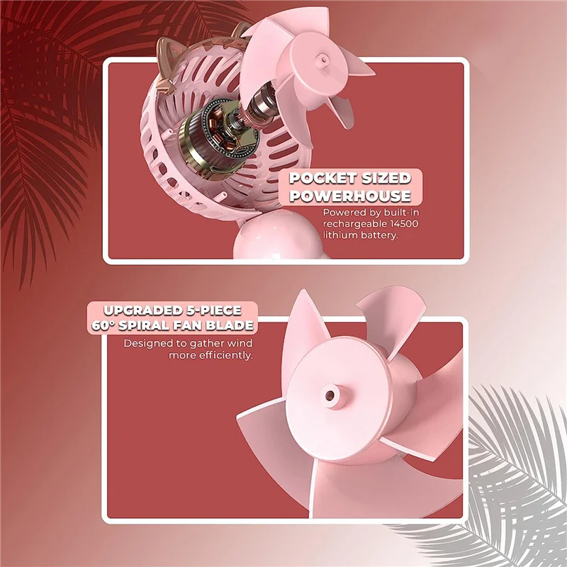 Portable Hand Held Fan with Cat Ears - Mini Fan with USB Rechargeable Battery Foldable Small Fan (Pink)