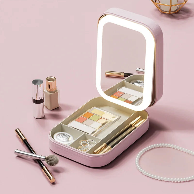 LED Mirror Makeup Brushes Storage Box Portable Travel Makeup Case Cosmetic Bag Three-Color Adjustable Makeup Tools Storage Box