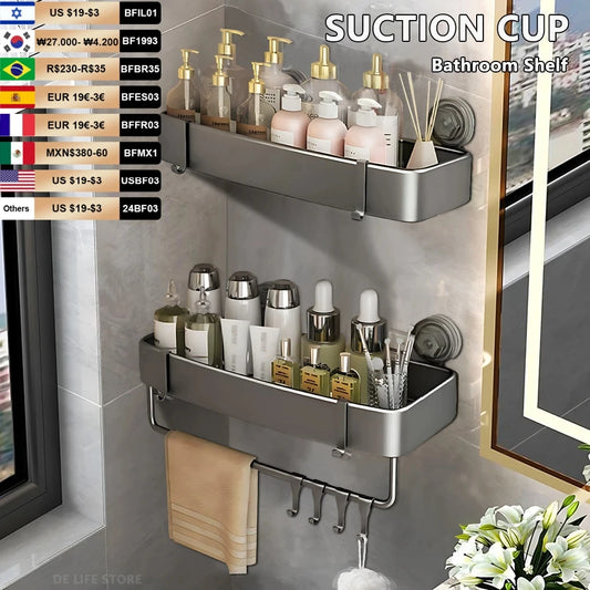 Bathroom Shelf With Suction Cup Aluminum Corner Shelf Without Drilling Wall-Mounted Gray Bathroom Organizer Bathroom Accessories