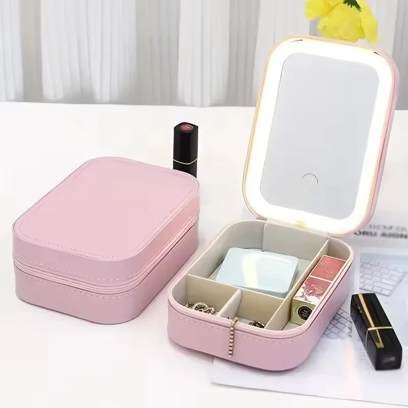 Rechargeable LED Makeup Mirror, Portable Travel Cosmetic Storage Box, Travel Makeup Case with 3-Color Adjustable Light Mirror.